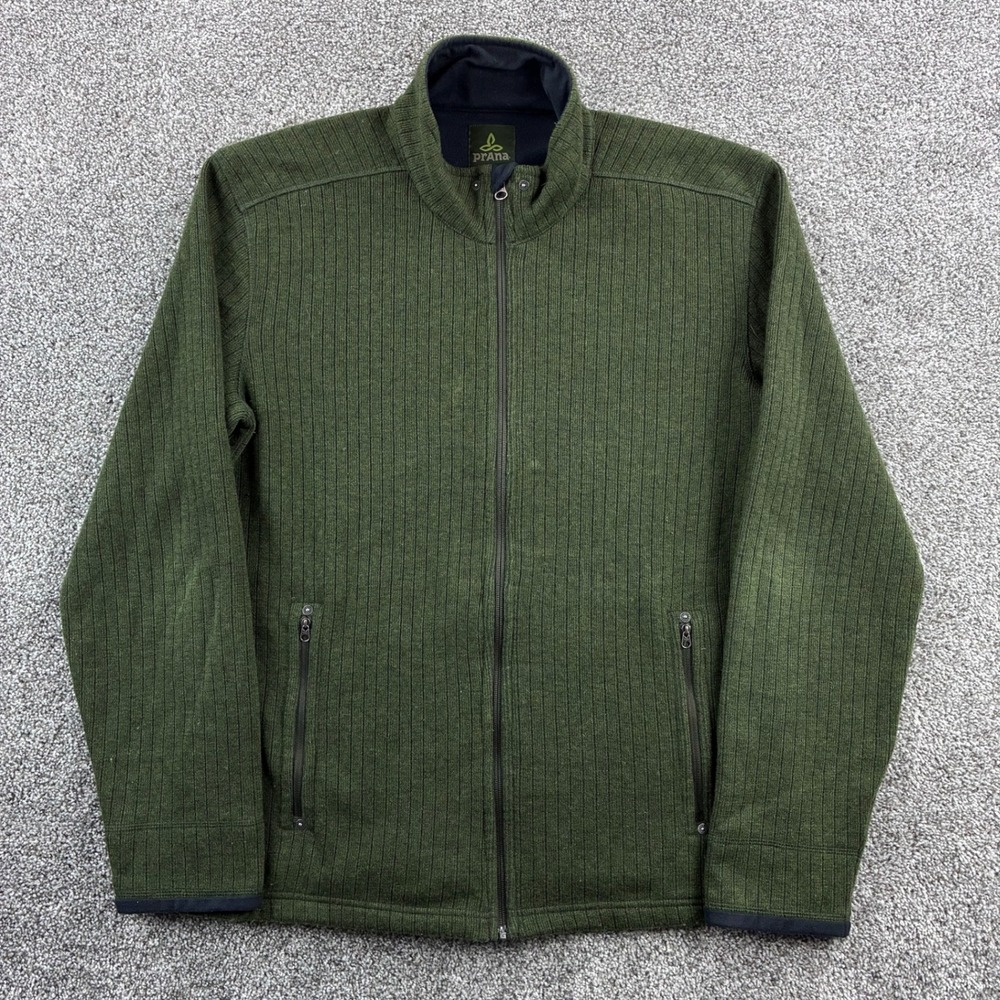 Prana Barclay Sweater Jacket Mens Large Green Wool‎ Blend Ribbed Zip M2BARC310